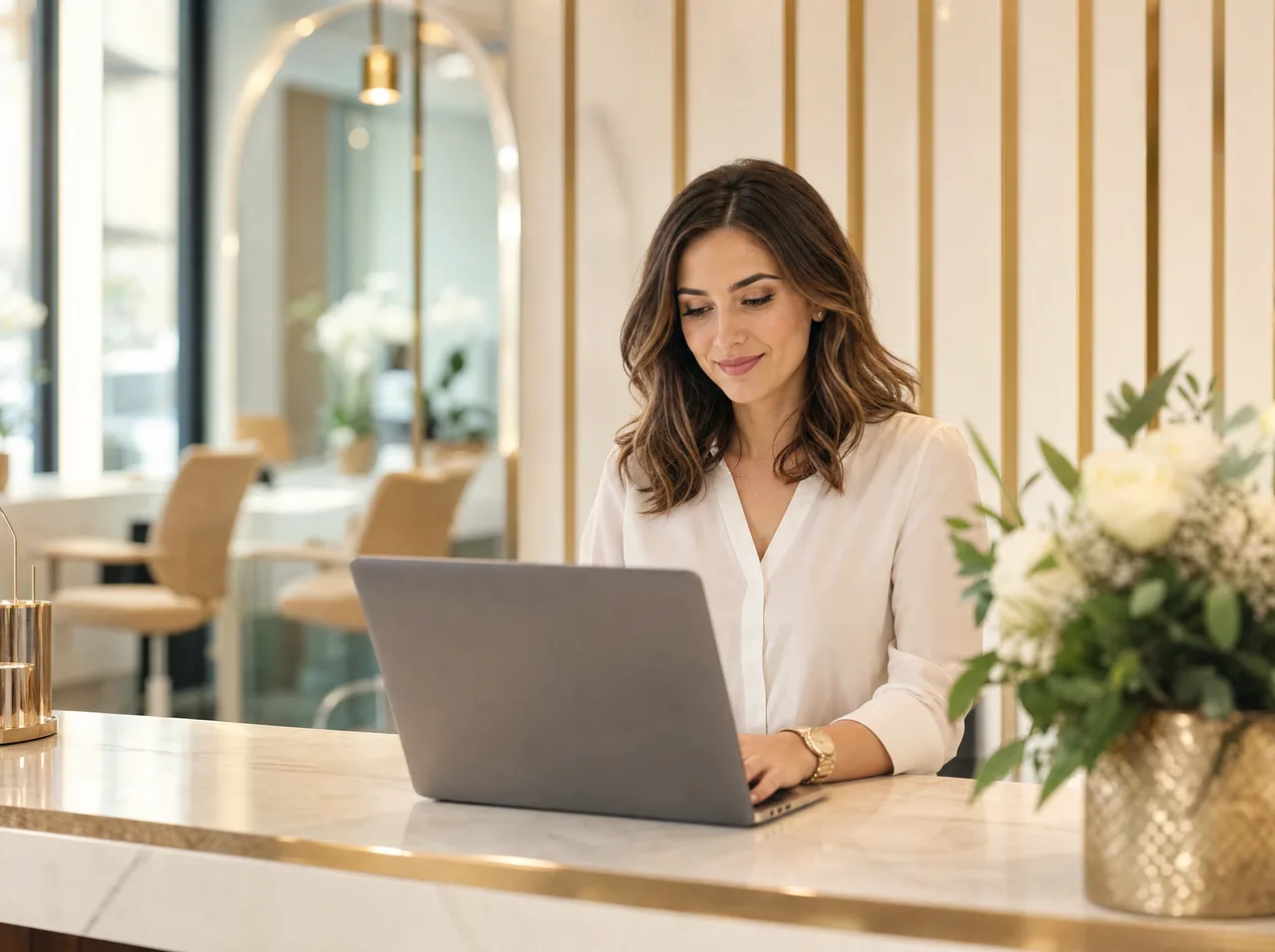 Właścicielka salonu beauty spokojnie pisze odpowiedź na opinię klientki na laptopie