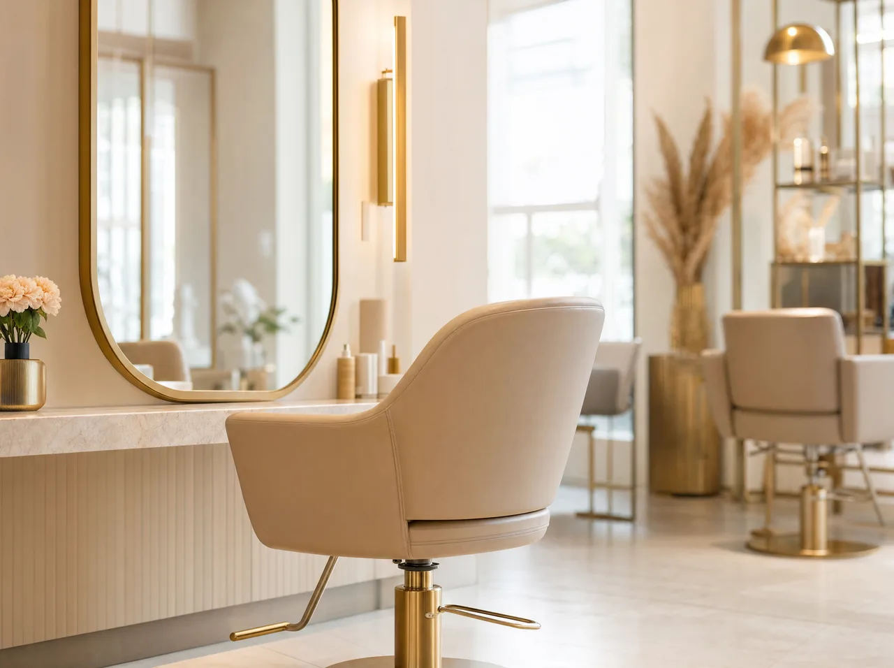 Pusty fotel fryzjerski w salonie beauty oświetlony porannym światłem, w tle stanowisko pracy