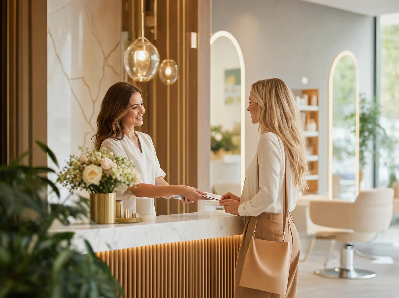 Kosmetyczka wita nową klientkę przy wejściu do jasnego, zadbanego salonu beauty