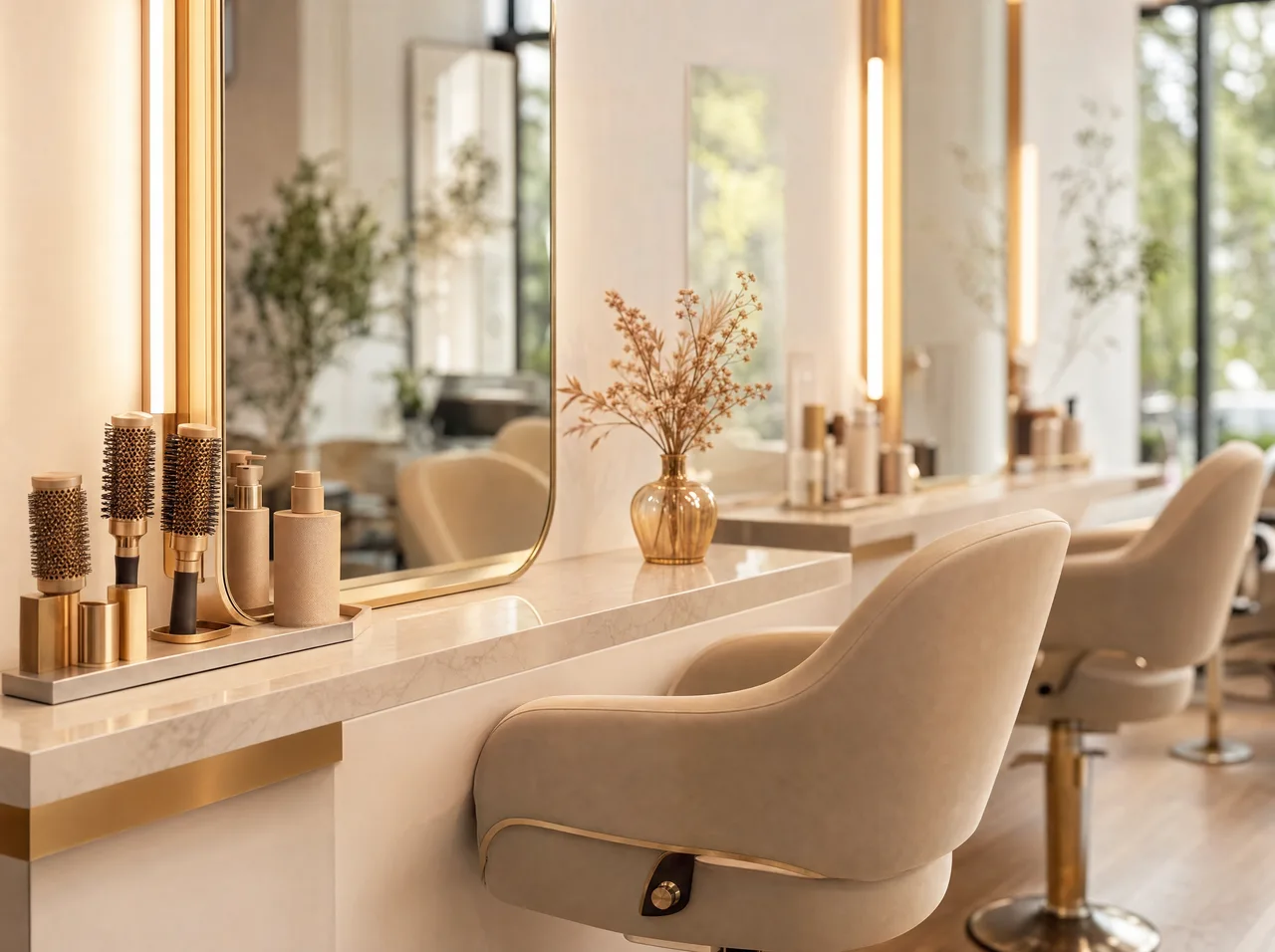 Czyste, uporządkowane stanowisko kosmetyczne z wysterylizowanymi narzędziami w salonie beauty